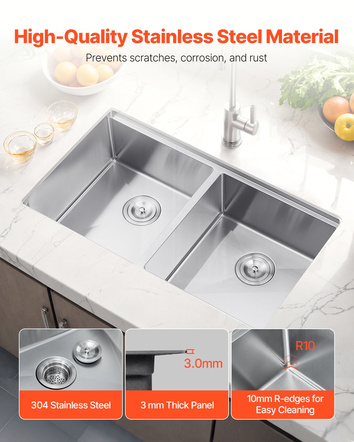 33" Kitchen Sink Undermount Double Bowl Drop-In Basin Stainless Steel Bar_voghion.com